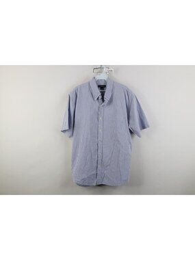 Vintage 90s Y2K Lands End Mens Large Striped Seersucker Button Down Shirt Blue